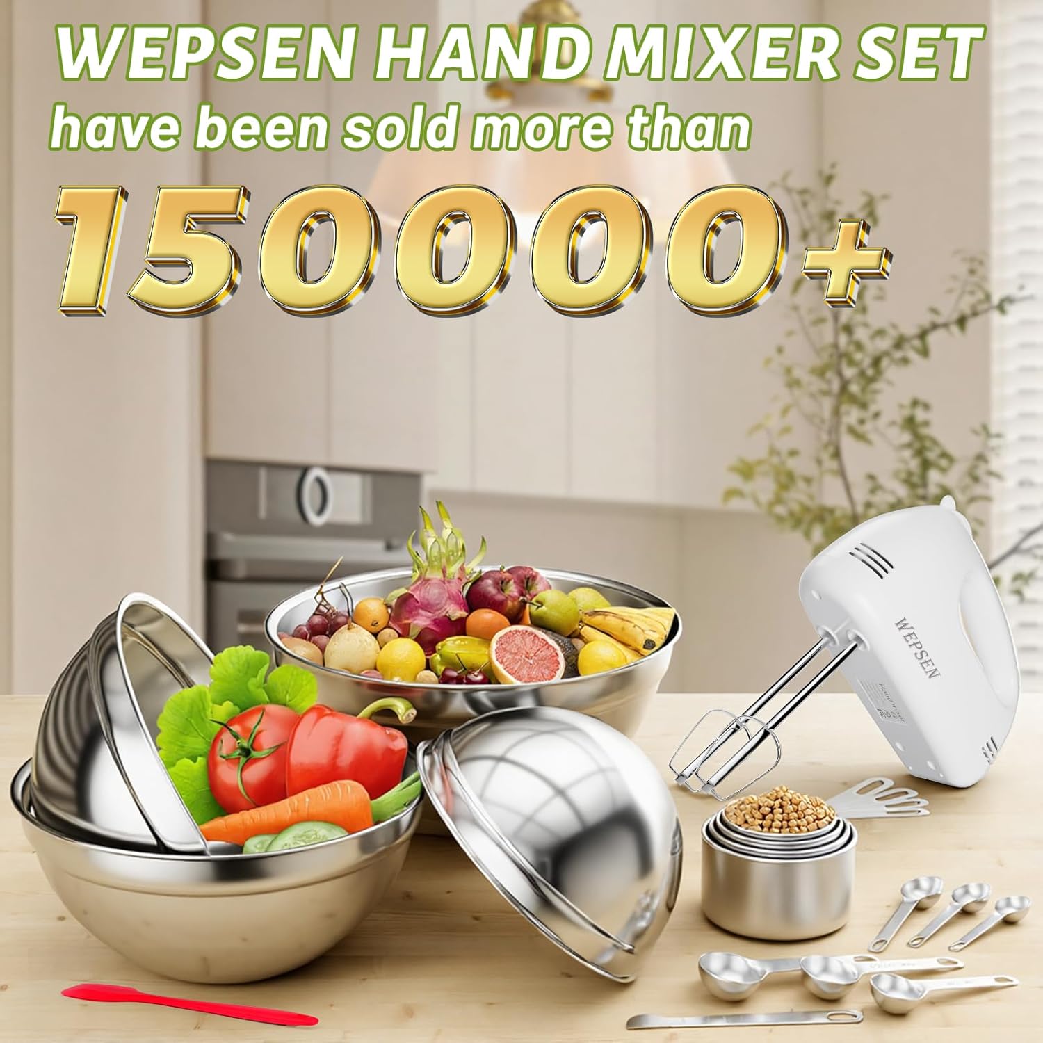 WEPSEN 5-Speed Electric Hand Mixer, 4 Large Mixing Bowls Set, Handheld Mixers with Whisks Beater, Stainless Steel Metal Nesting Bowl Measuring Cups Spoons Kitchen Cake Blender for Baking Supplies - Image 2