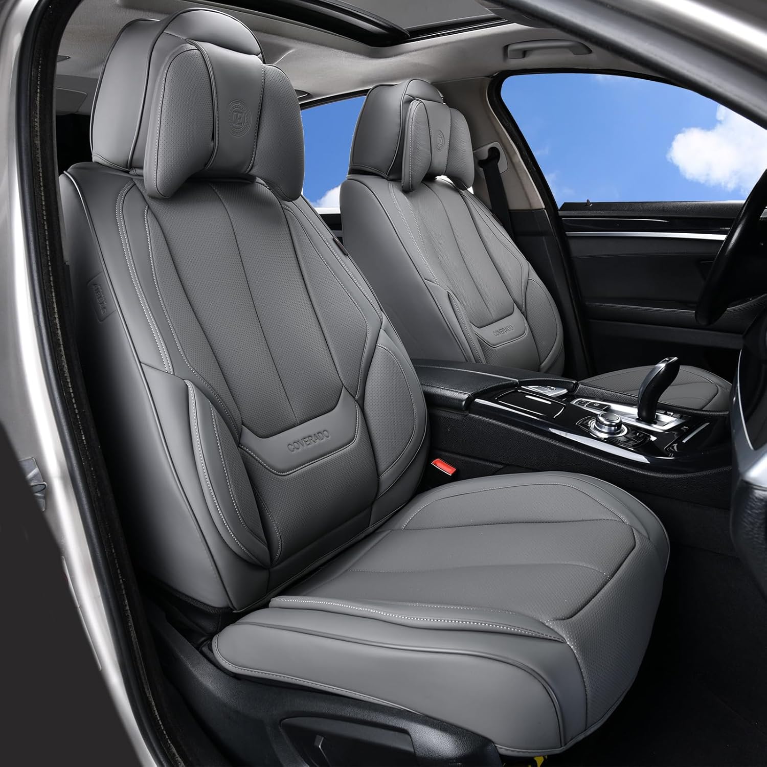Coverado Universal Seat Covers Full Set, 5 Seats Universal Seat Covers for Cars, Waterproof Nappa Leather Car Seat Covers with Head Pillow, Auto Protectors Fit for Most Sedans SUV Pick-up Truck-Gray - Image 3