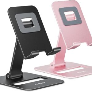 Nulaxy 2 Pack Dual Folding Cell Phone Stand, Fully Adjustable Phone Holder for Desk, Compatible with iPhone 17 16 15 14 13 12 11, Nintendo Switch, All Phones, Black & Rose Gold