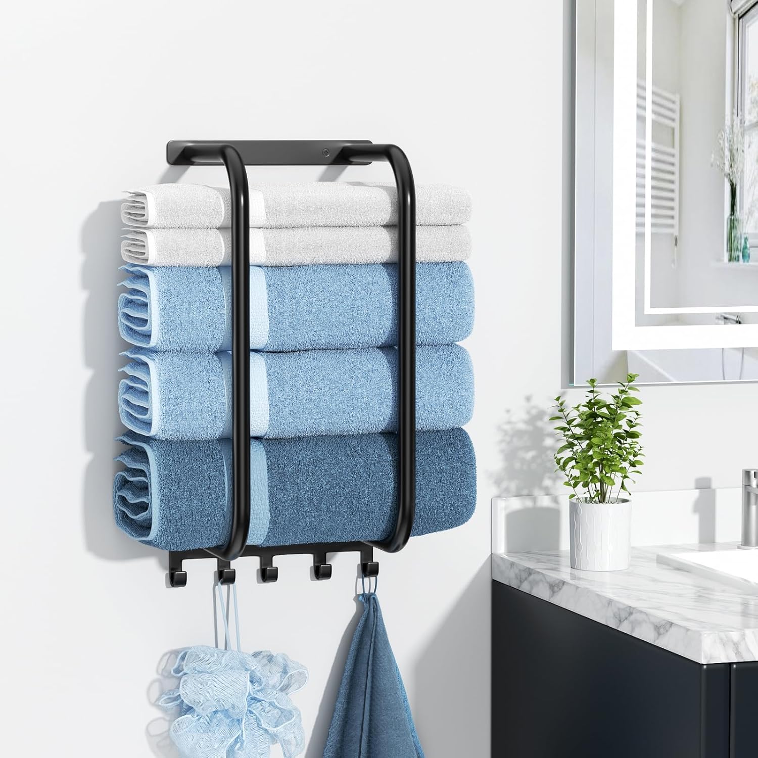 Towel Rack Bathroom Wall Holder: 15.9 Inch Wall Mounted Shower Organizer, for Rolled Towel Storage, 2 Metal Racks Plus Extra 5 Hooks, for Modern Small Space Bathroom, RV Campers (Matte Black) - Image 9