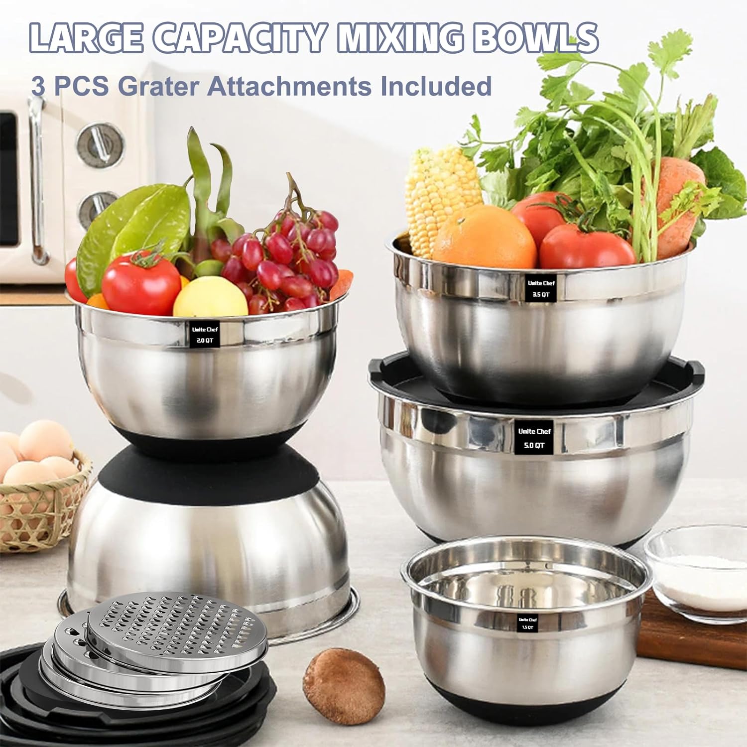 Umite Chef Mixing Bowls with Airtight Lids, 8PCS Stainless Steel Nesting Mixing Bowls Set, 3 Grater Attachments & Non-Slip Bottoms, Black Kitchen Bowls, Size 5, 4, 3.5, 2, 1.5QT for Baking & Serving - Image 5