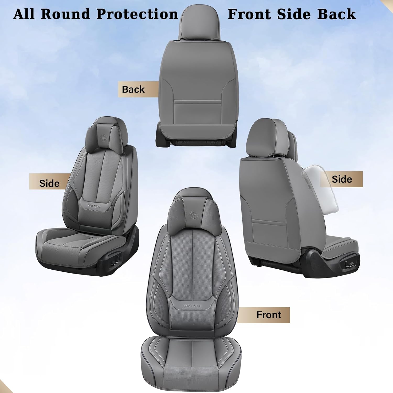 Coverado Universal Seat Covers Full Set, 5 Seats Universal Seat Covers for Cars, Waterproof Nappa Leather Car Seat Covers with Head Pillow, Auto Protectors Fit for Most Sedans SUV Pick-up Truck-Gray - Image 9