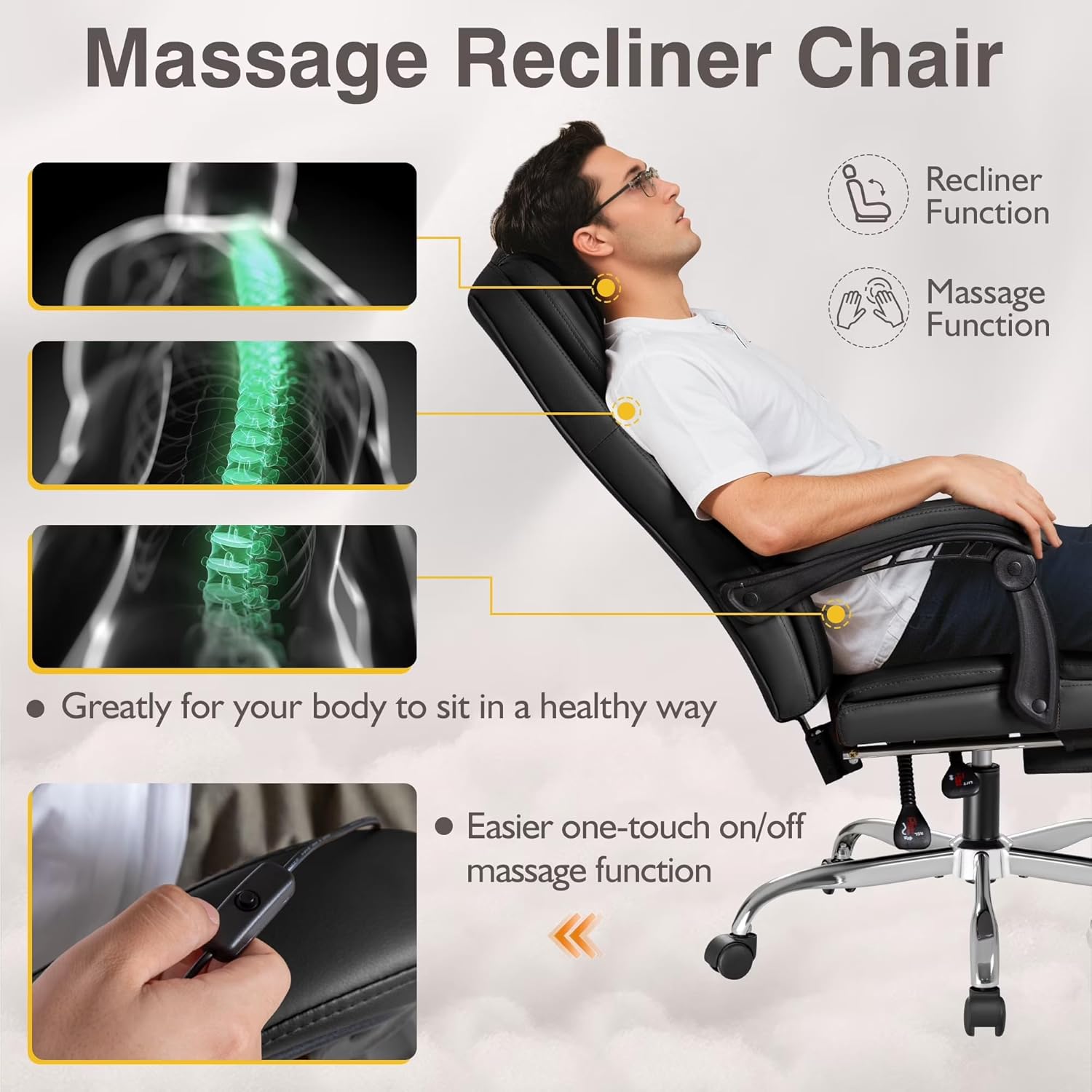 Shahoo Executive Office Chair with Massage, Ergonomic Reclining High Back Leather Seats with Footrest and Lumbar Support, Big and Tall, 400Lbs Heavy Duty, Dark Black - Image 6
