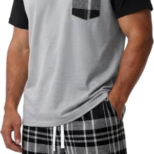 Mens Pajamas Set Soft Short Sleeve Pjs Plaid Pajamas 2 Piece Sleepwear Mens Loungewear Sets Summer with Pockets