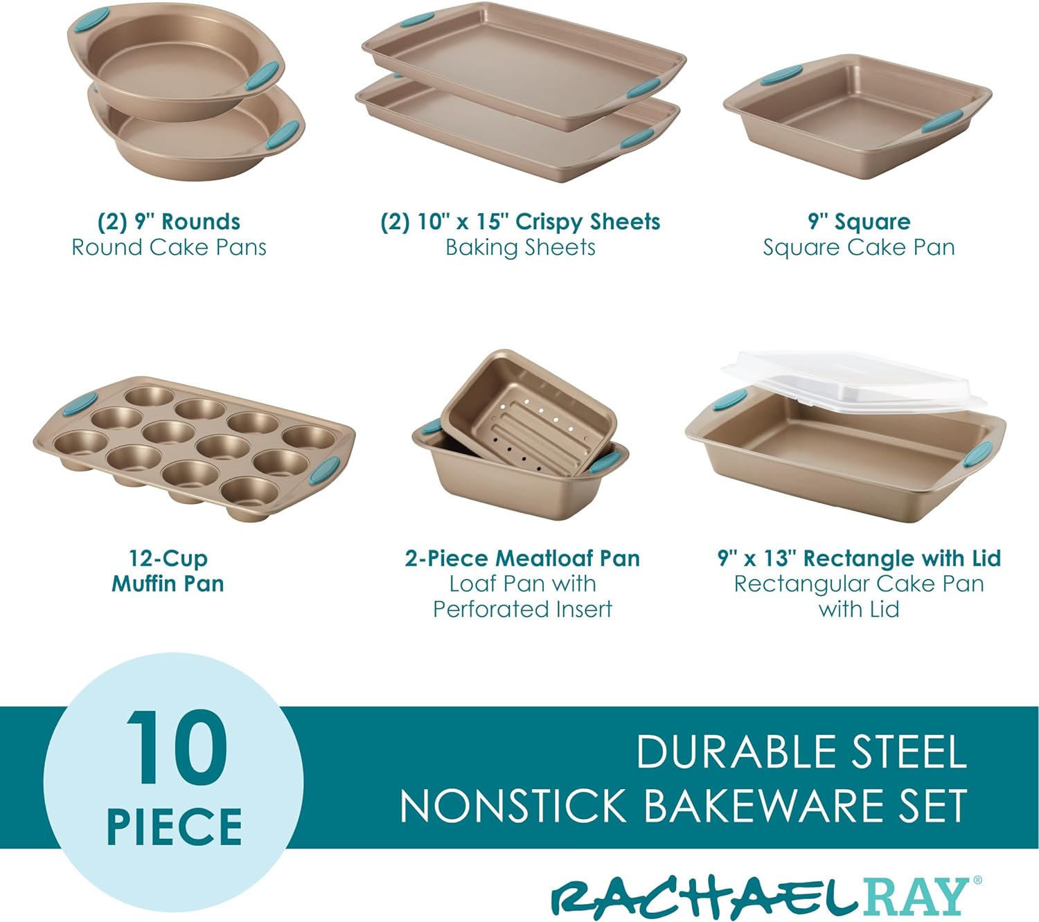 Rachael Ray 47578 Cucina Nonstick Bakeware Set with Grips Includes Nonstick Bread Pan, Baking Sheet, Cookie Sheet, Baking Pans, Cake Pan and Muffin Pan - 10 Piece, Latte Brown with Agave Blue Grips - Image 2