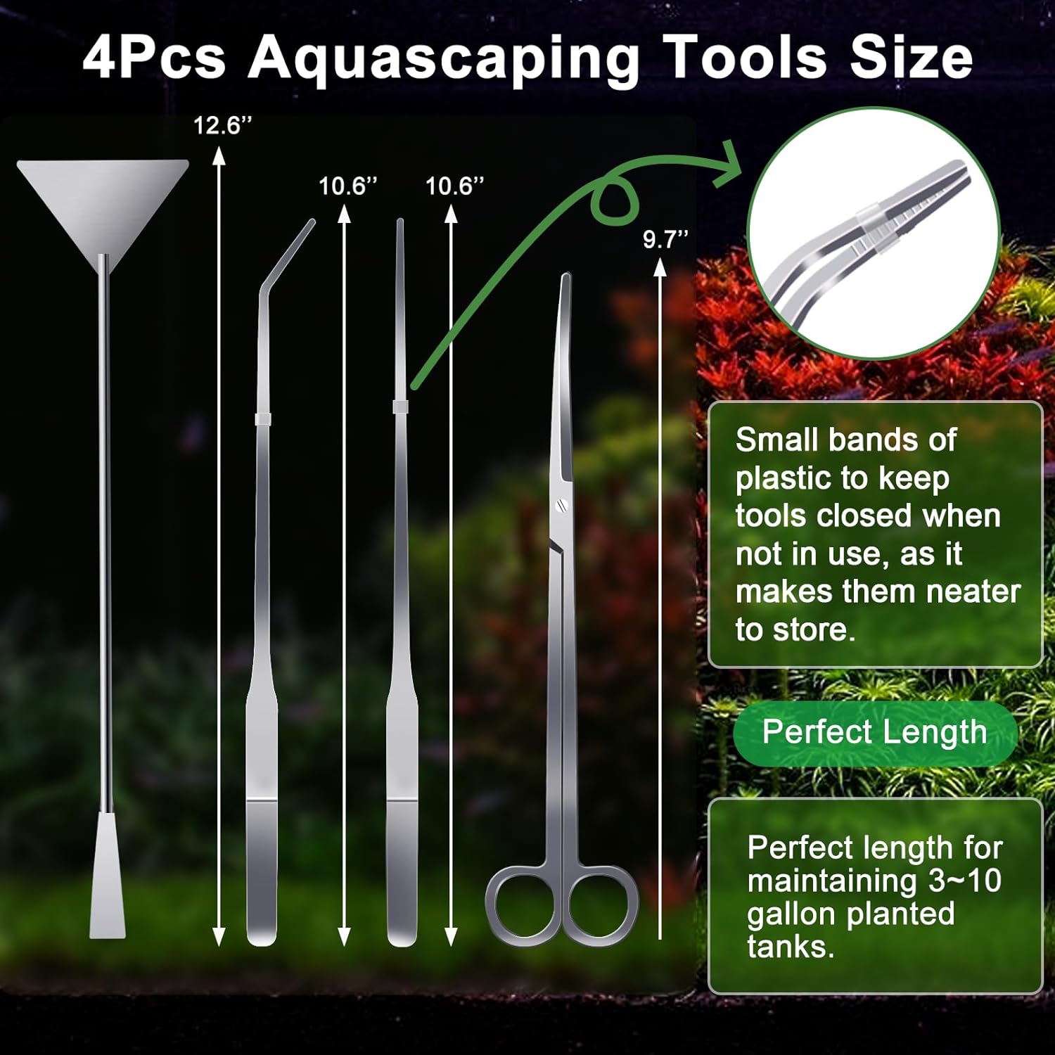 4Pcs Aquascaping Tools, Jeimier Aquascape Kit, Long and Strong Aquarium Tweezers, Scissors, Algae Scraper, Aquarium Plant Tools, Fish Tank Plant Trimming Kit - Image 2