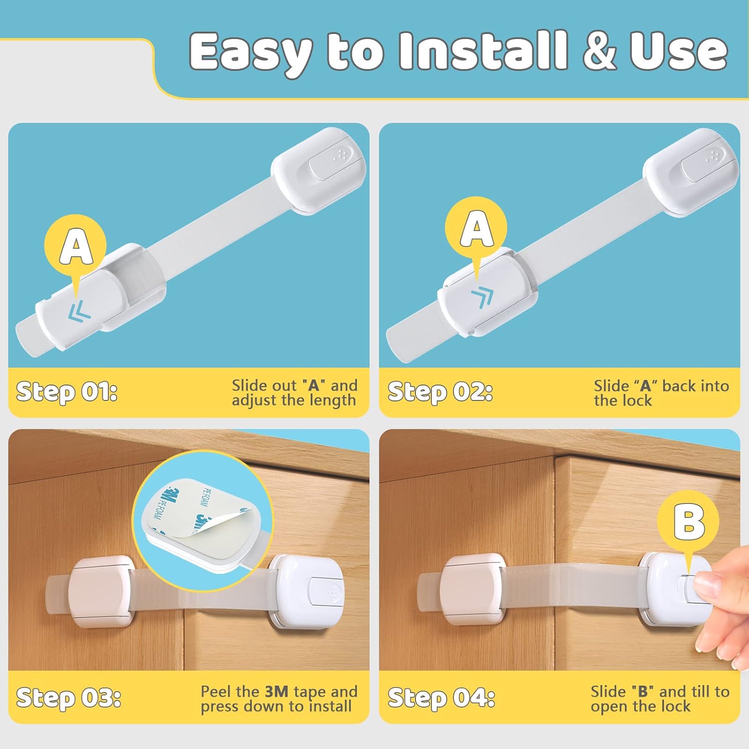 4our Kiddies 14 Pack Baby Proof Cabinet Latches, Childproof Drawer Latches with 12 Extra 3M Adhesives, Adjustable No Drilling Child Safety Cabinet Locks Straps Baby Drawer Locks for Kids Baby Safety - Image 4