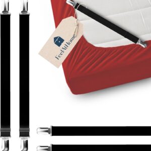 FeelAtHome 4 PCS Bed Sheet Clips Keep Bedsheets in Place – Corner Bands Suspenders for Fitted Sheets – Mattress Sheet Holder Straps – Fits Twin Queen King Garter Fasteners Clamps – Fitted Sheet Clip