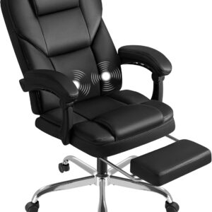 Shahoo Executive Office Chair with Massage, Ergonomic Reclining High Back Leather Seats with Footrest and Lumbar Support, Big and Tall, 400Lbs Heavy Duty, Dark Black
