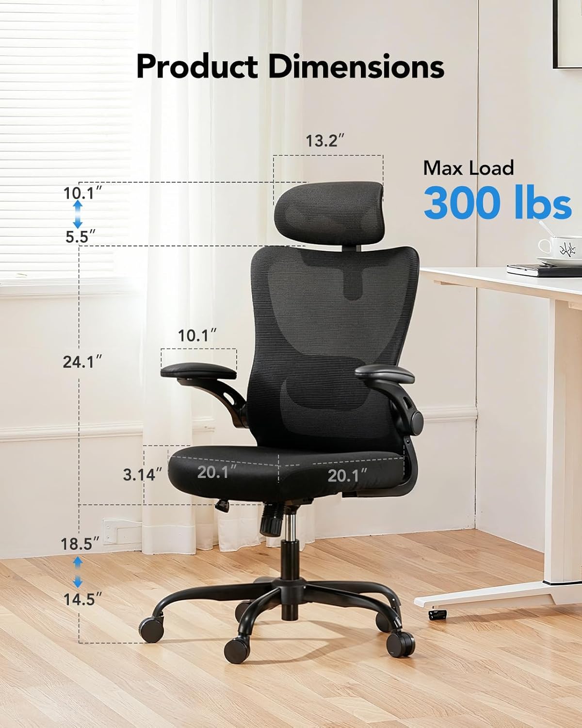 HUANUO Ergonomic Office Chair, High Back Computer Desk Chair with Adjustable Lumbar Support and Headrest, Comfy Gaming Chair with 3D Armrests, Home Office Rolling Chair, Max Load 300 lbs - Image 2