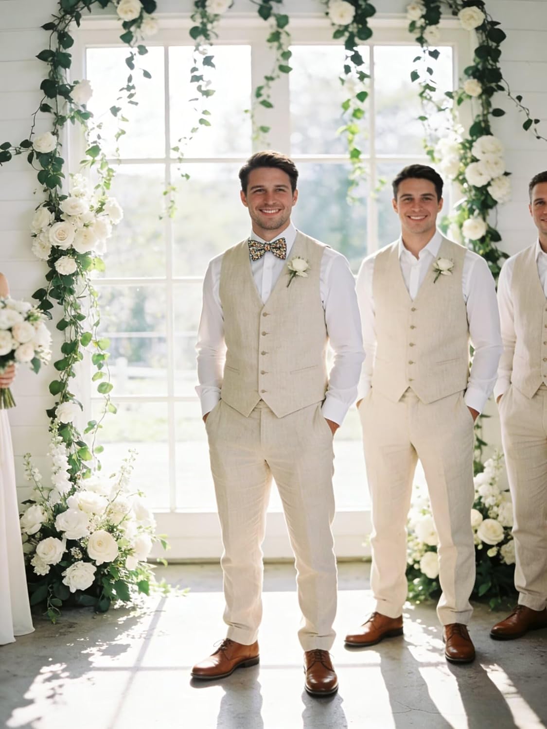 High-End Suits Linen Suits for Men Beach Summer Wedding Groomsmen 2 Piece Silm Fit Casual Light Suit Men's Tuxedos Vest Pant - Image 3