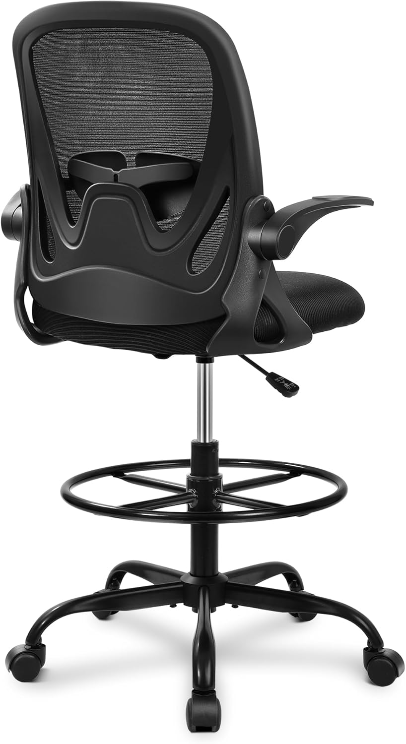 Primy Drafting Chair Tall Office Chair with Flip-up Armrests Executive Ergonomic Computer Standing Desk Chair with Lumbar Support and Adjustable Footrest Ring (Black) Primy Drafting Chair Tall Office Chair with Flip-up Armrests Executive Ergonomic Computer Standing Desk Chair with Lumbar Support and Adjustable Footrest Ring (Black)