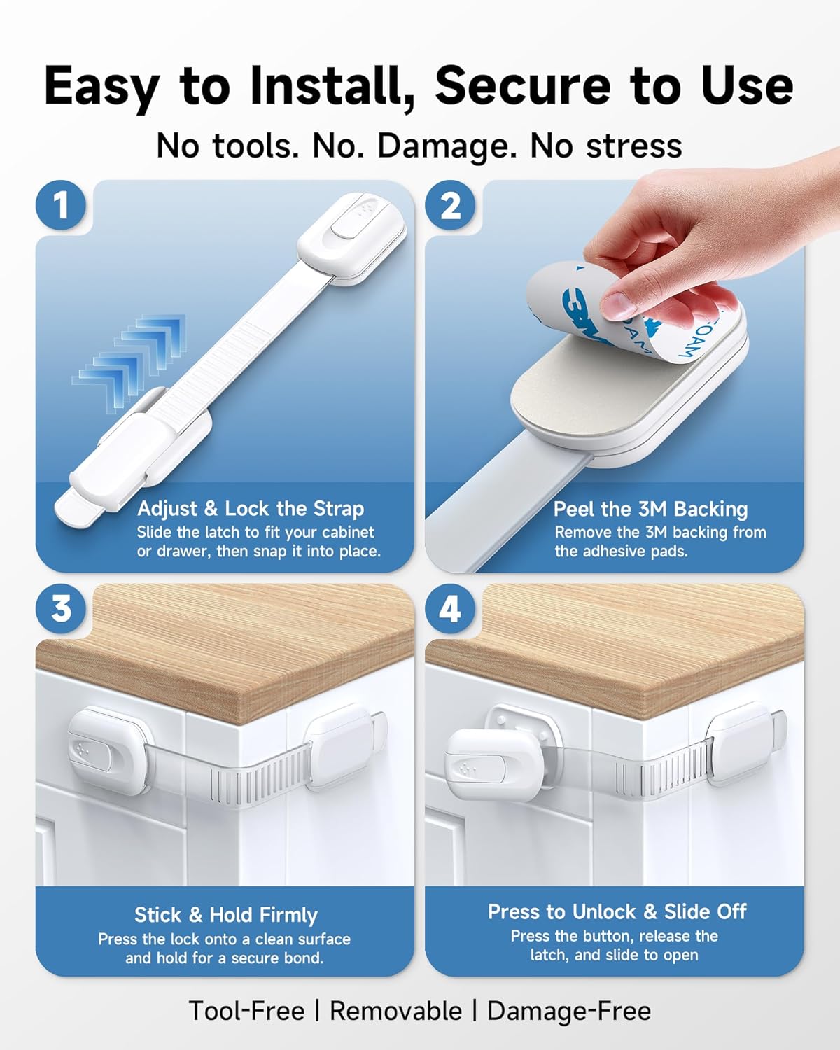 Infinno 12 Pack Cabinet Locks Baby Proofing Heavy Duty - Child Safety Cabinet Locks for Drawers, Cupboards & Fridge – No Drill 3M Adhesive Locks for Pets - Toddler Safety Latches - Image 4