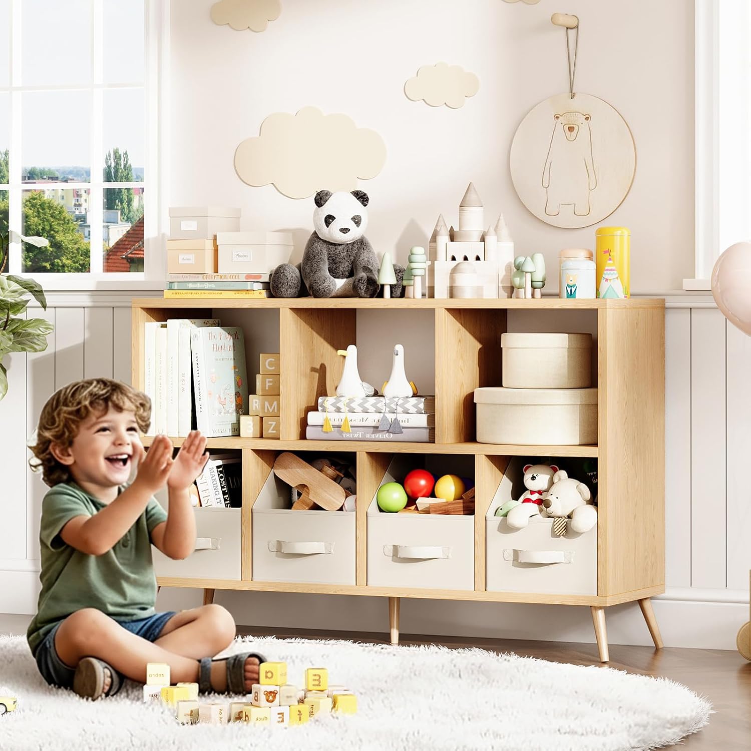 7-Cube Storage Organizer with Natural Wood Legs, Mid-Century Modern Bookcase and Display Cabinet, Freestanding Toy Storage Bookshelf for Living Room, Kids Room and Bedroom, Natural - Image 4