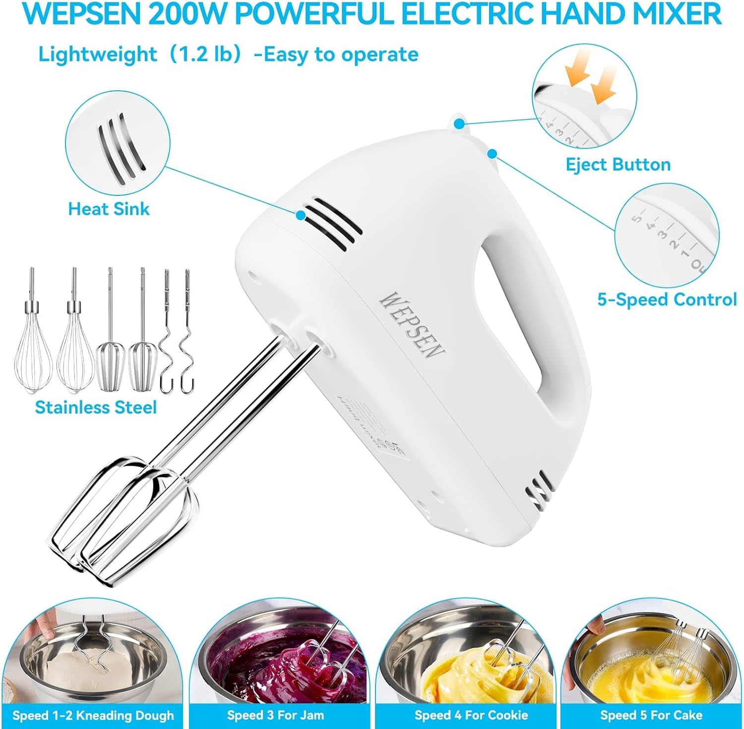 WEPSEN Hand Mixer Electric Mixing Bowls Set, 5 Speeds Handheld Mixer with 4 Nesting Stainless Steel Mixing Bowl, Measuring Cups Spoons 200W Kitchen Blender Whisk Beater Baking Supplies For Beginner - Image 3
