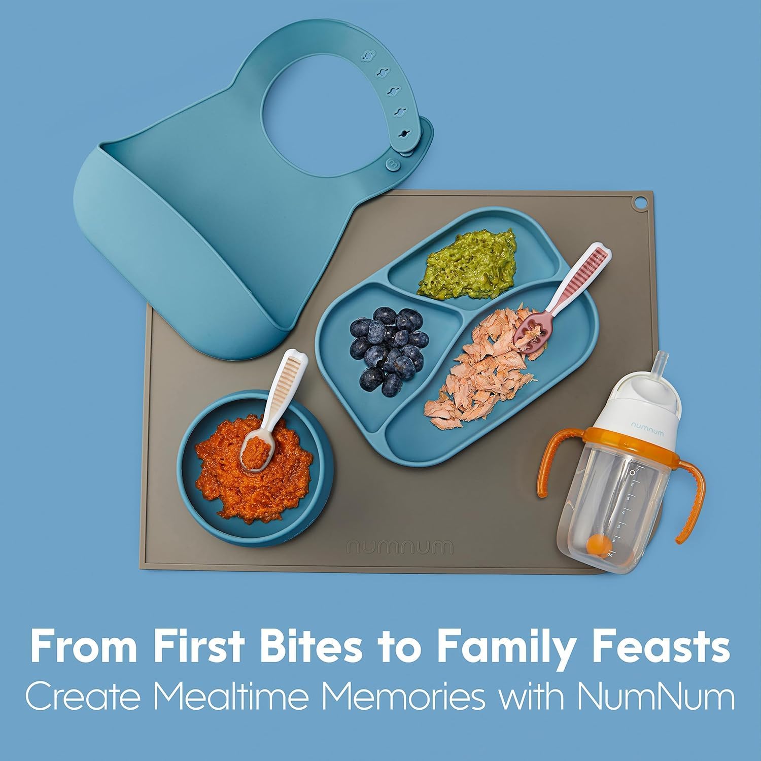 NumNum Baby Spoons Set, Baby Essentials Pre-Spoon GOOtensils for 6+ Months, First Stage Self-Feeding Spoons for Baby Led Weaning (BLW), Silicone Toddler Utensils, BPA-Free, 2 Pack Blue/Orange - Image 8