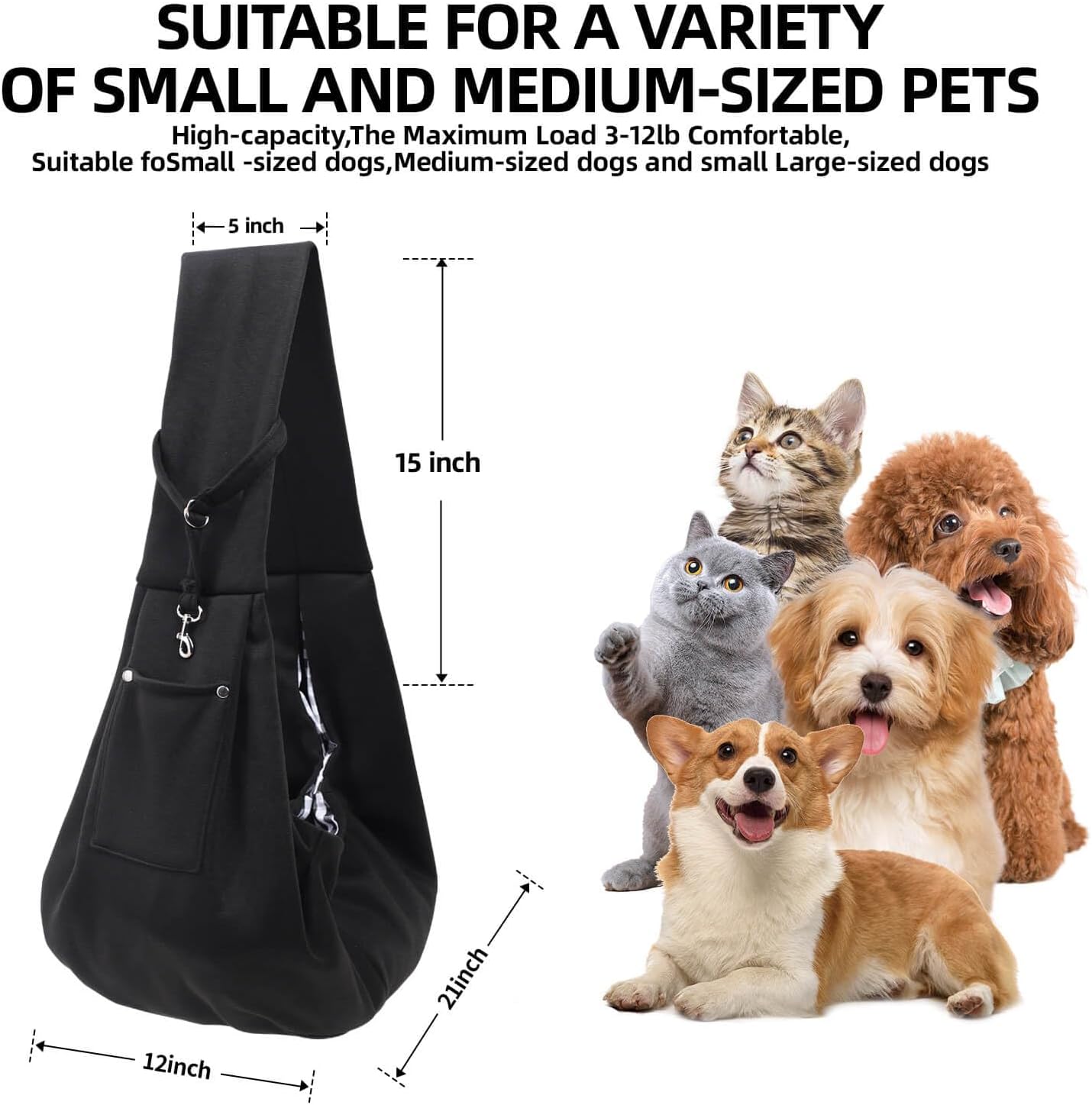 Dog Carrier Sling - Reversible Puppy Carrier Purse with Storage Pocket, Hand-Free Dog Sling Carrier for Carry Small Dogs and Cats, Travel Safety Harness, Dog and Cat Harness(Black) - Image 5