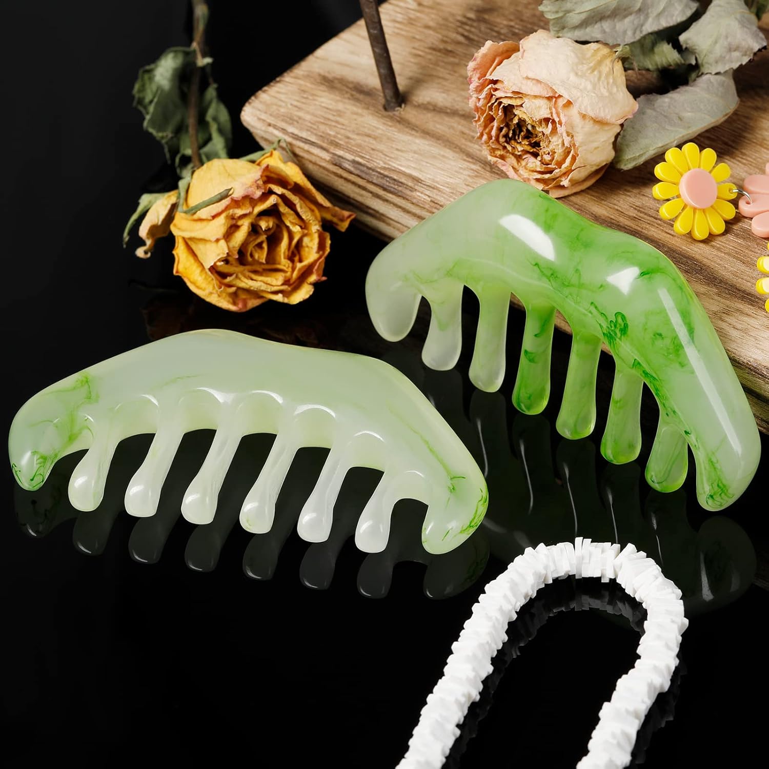 Geiserailie 2 Pcs Jade Combs Esthetician Supplies Massage Stone Hair Gua Sha Scraping Scalp Comb Facial Massage Tool Handheld Head Tools Head Caring Therapy for Women(Elegant Style) - Image 6