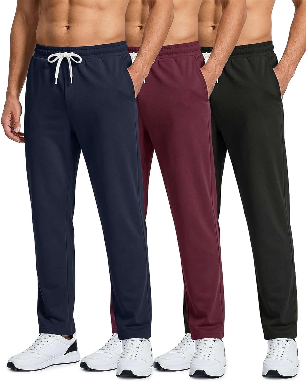 Real Essentials 3 Pack: Men's French Terry Open Bottom Sweatpants - Casual Lounge Comfort Gym with Pockets