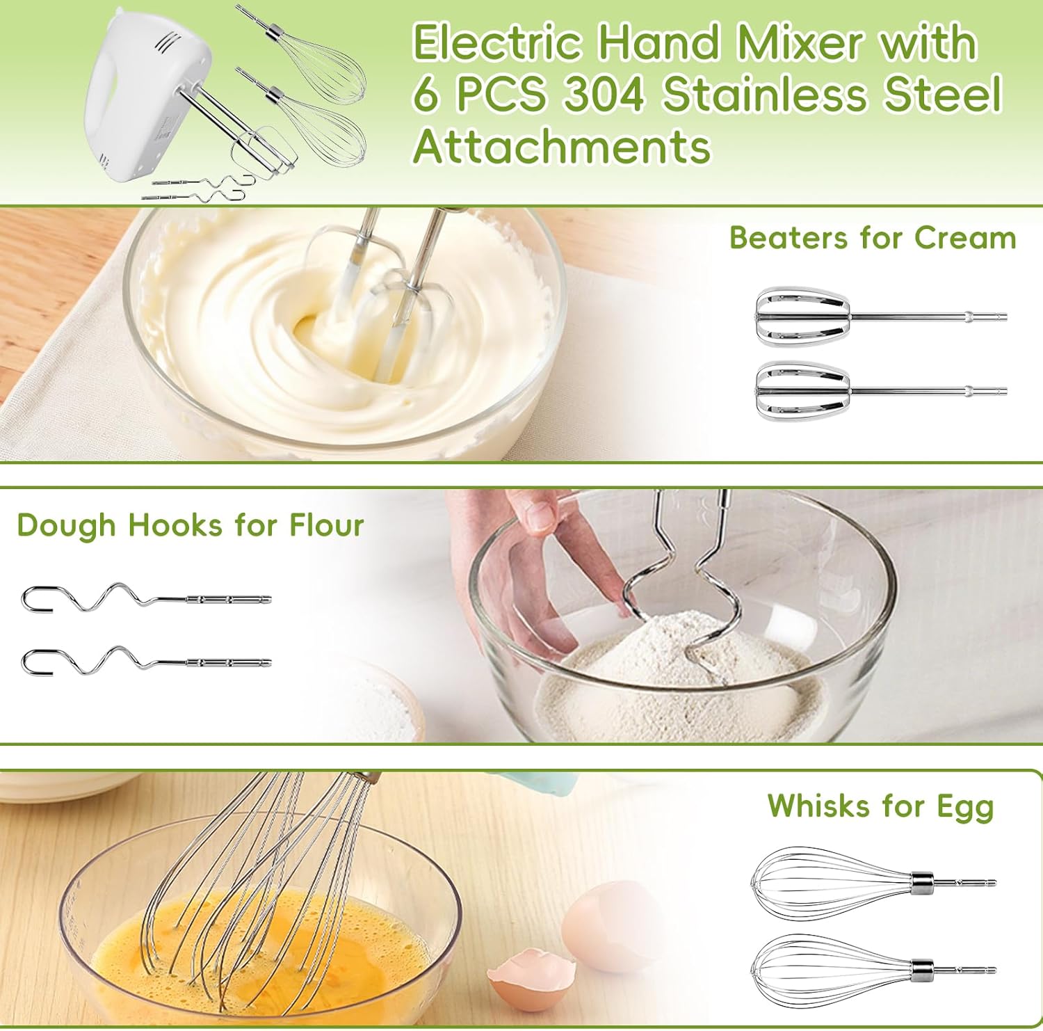 WEPSEN 5-Speed Electric Hand Mixer, 4 Large Mixing Bowls Set, Handheld Mixers with Whisks Beater, Stainless Steel Metal Nesting Bowl Measuring Cups Spoons Kitchen Cake Blender for Baking Supplies - Image 3