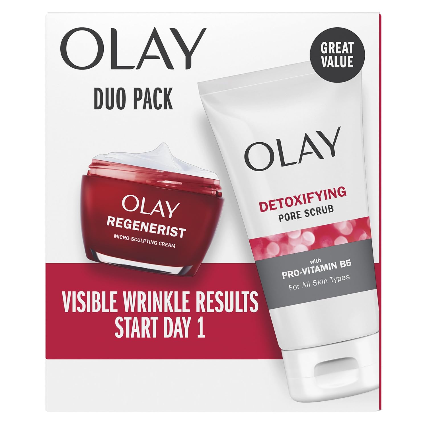Olay Face Wash Regenerist Advanced Anti-Aging Pore Scrub Cleanser (5.0 Oz) and Micro-Sculpting Face Moisturizer Cream (1.7 Oz) Skin Care Duo Pack, Total 6.7 Ounces Olay Face Wash Regenerist Advanced Anti-Aging Pore Scrub Cleanser (5.0 Oz) and Micro-Sculpting Face Moisturizer Cream (1.7 Oz) Skin Care Duo Pack, Total 6.7 Ounces