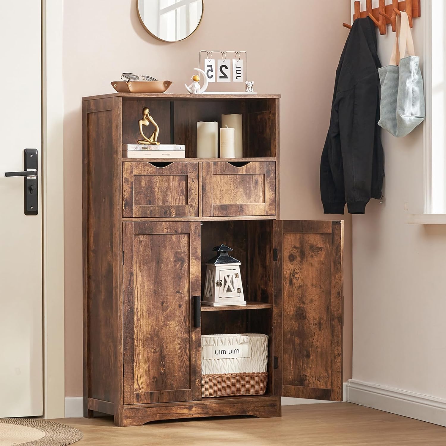 Iwell Storage Cabinet with 2 Drawers & Adjustable Shelves, Cupboard, Floor Cabinet for Living Room, Home Office, Rustic Brown - Image 4