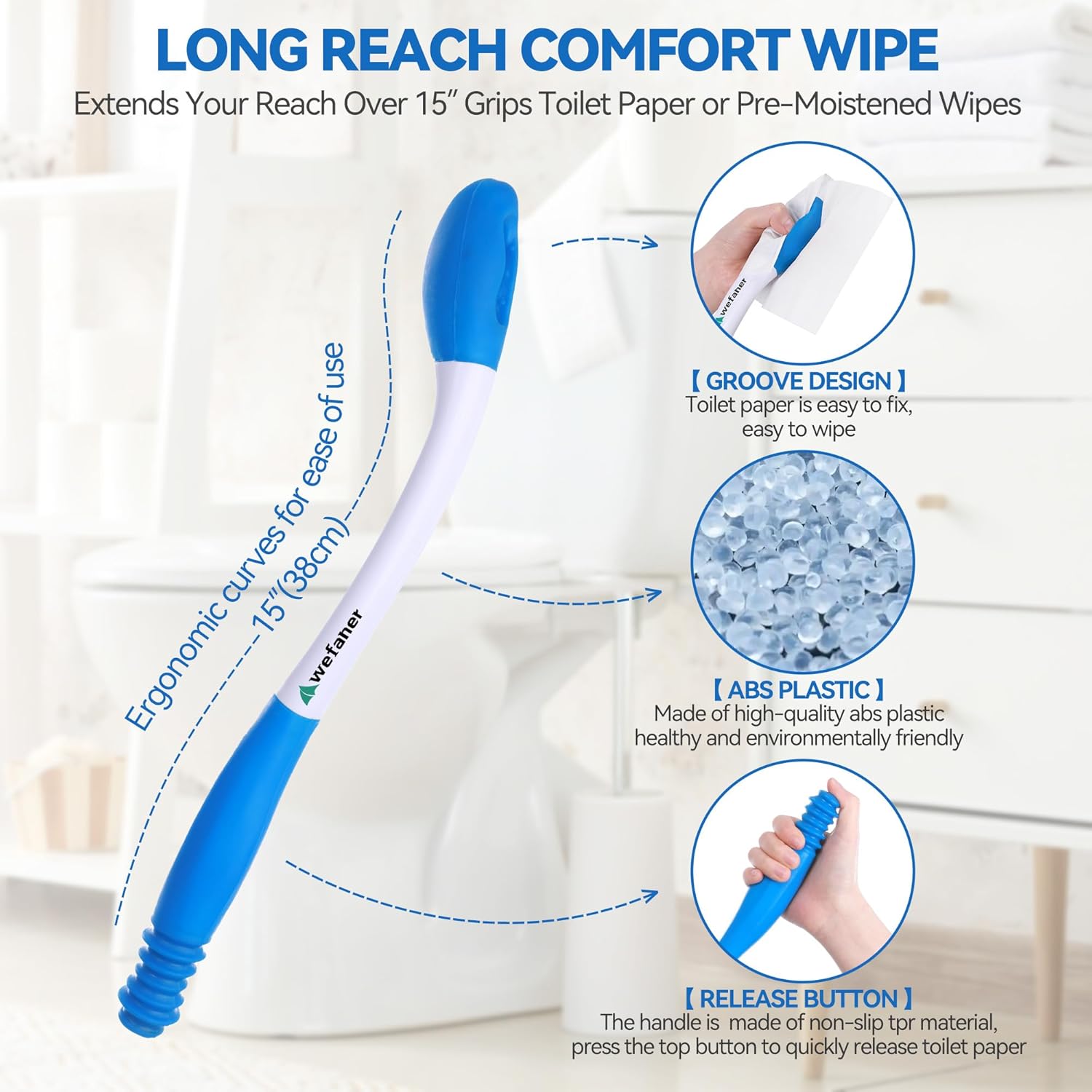 Wefaner Toilet Aids Set for Wiping - Long Handle Butt Wiper, Anti-Slip Curved Handle Bath Body Brush and Curve Hair Brush for People Overweight, Elderly and Disabled People(3PCS Personal Hygiene Kit) - Image 2