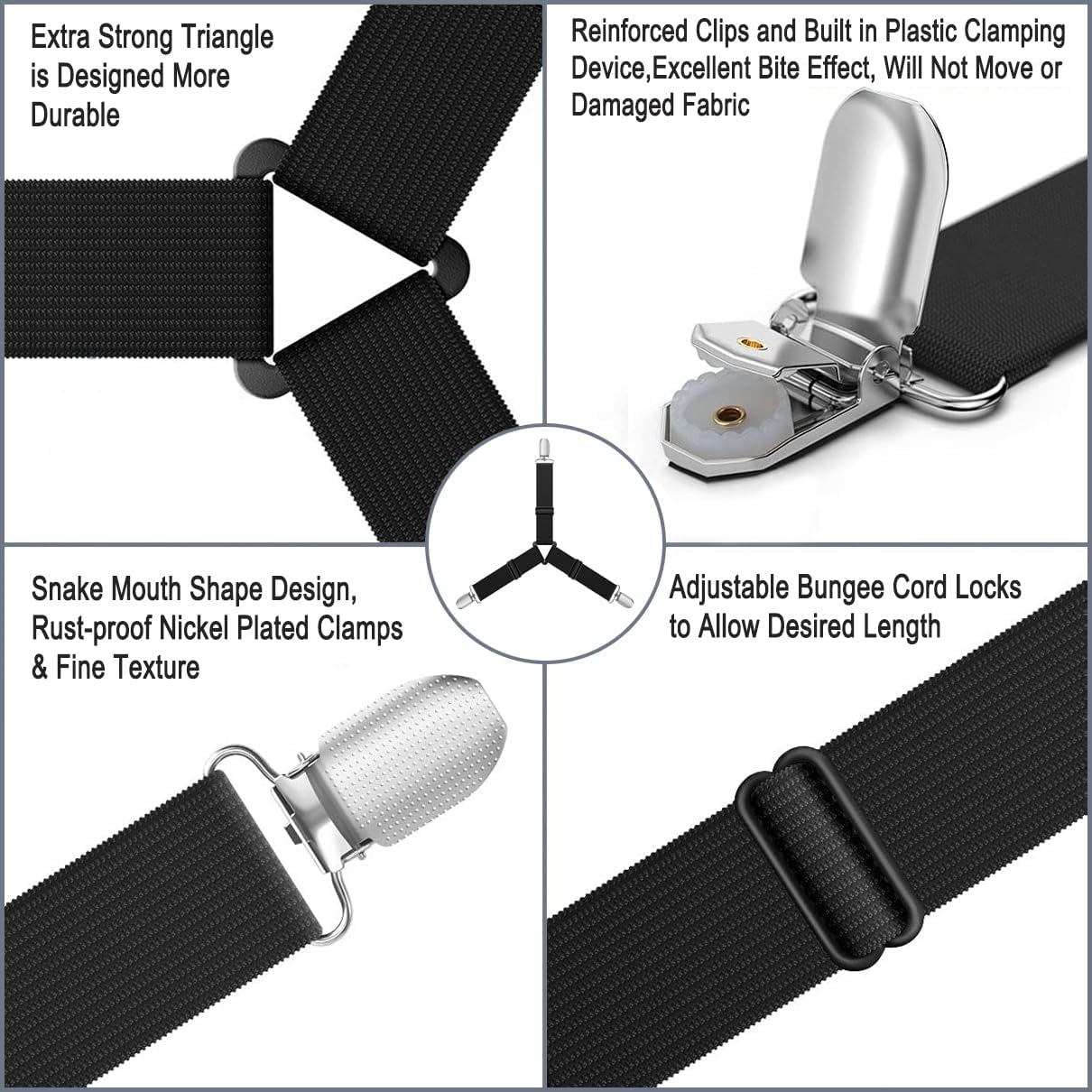 Bed Sheet Holder Straps, Upgrade Non Slip Sheet Clips, Fitted Sheet Holders for Corners, Easy Install Adjustable Elastic Firm Tight Accessories, 4Pcs/Set Black - Image 3