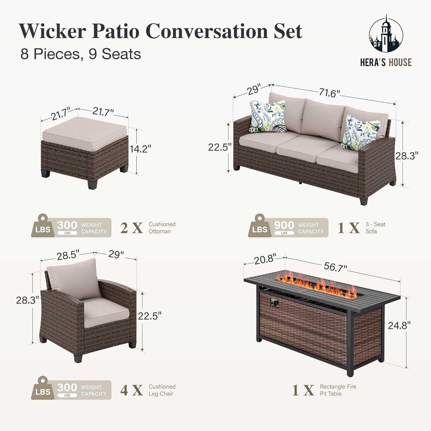 HERA'S HOUSE Patio Furniture Set, Outdoor Wicker Furniture with Fire Pit, 8 Pieces Deep Seating Outdoor Conversation Sofa Sets with Thick Cushions for Deck Backyard Lawn, Beige - Image 6