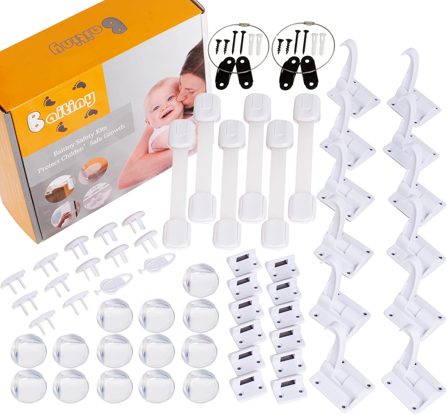 Baby Proofing Kit 60 Packs- Child Proof Essentials Set with Invisible Cabinet & Drawer Locks, Corner Protectors, Furniture Anchors and Outlet Covers Baby Safety Products - Complete House Proof Pack