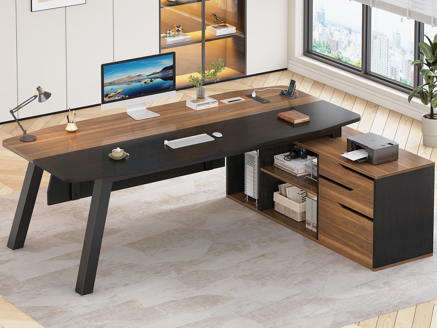 SEDETA 71" Executive Desk with File Cabinet, Large Office Desk with Drawers and Shelves, L Shaped Computer Desk with Power Outlets, Business Furniture Desk Workstation for Home Office, Walnut