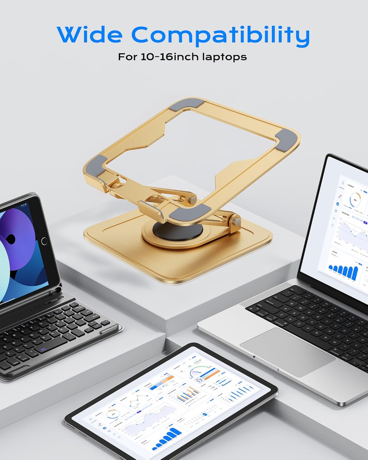 LOXP Adjustable Laptop Stand, Computer Stand with 360 Rotating Base, Ergonomic Laptop Riser Mount for Desk Foldable Protable Computer Desk Fits with MacBook Pro Air (10-16") - Gold - Image 6