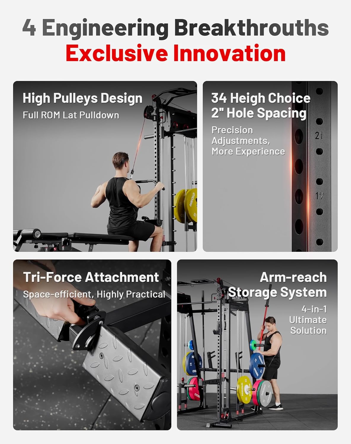 Mikolo M4 2.0 Smith Machine, 2200lbs Squat Rack with LAT-Pull Down System & Cable Crossover Machine, Training Equipment with Leg Hold-Down Attachment - Image 4