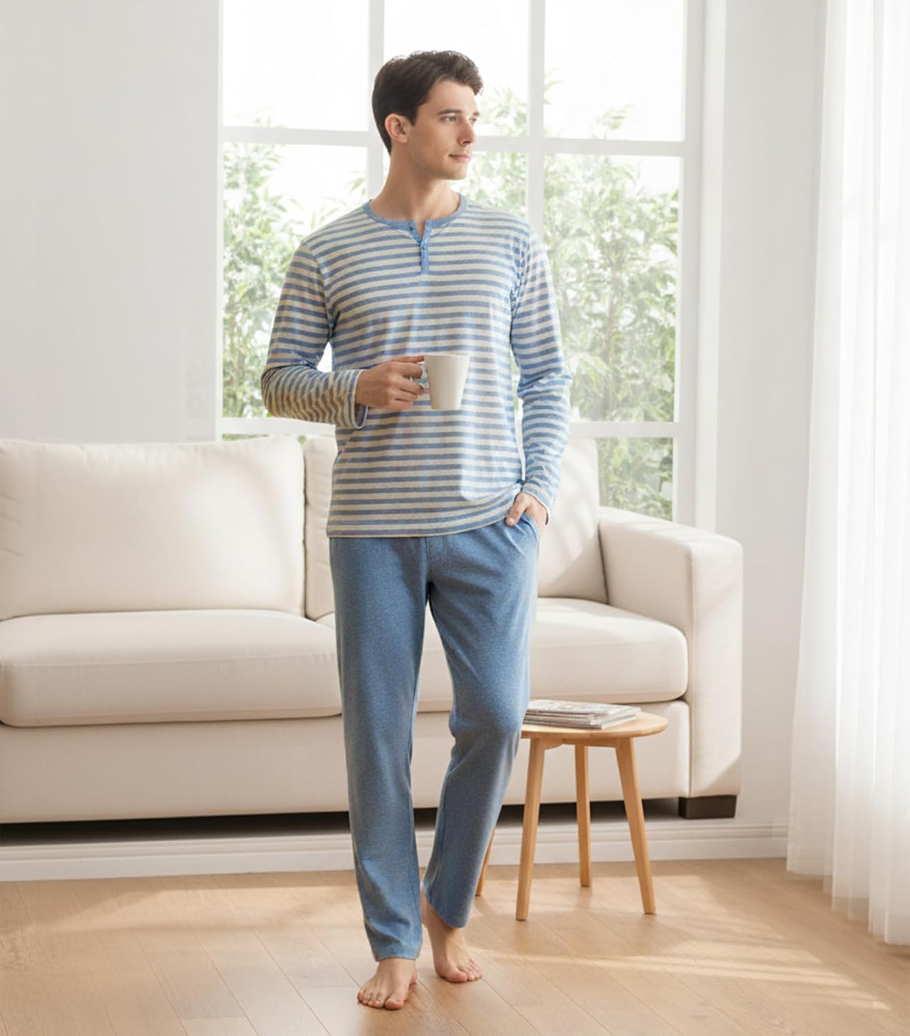 DAVID ARCHY Men's Pajamas Set 100% Combed Cotton Henley Loungewear Relaxed Fit Sleepwear with Pockets - Image 3