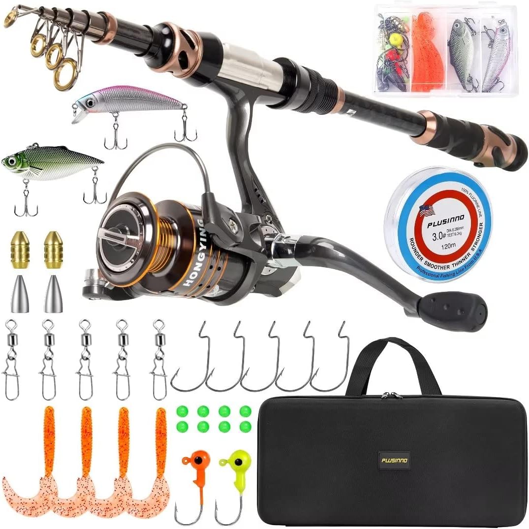 PLUSINNO Fishing Rod and Reel Combos – Carbon Fiber Telescopic Fishing Pole – Spinning Reel 12 +1 Shielded Bearings Stainless Steel BB PLUSINNO Fishing Rod and Reel Combos – Carbon Fiber Telescopic Fishing Pole – Spinning Reel 12 +1 Shielded Bearings Stainless Steel BB