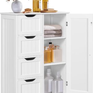 Yaheetech Wooden Floor Cabinet, Side Storage Organizer with 4 Drawers and 1 Cupboard, Freestanding Entryway Storage Unit Console Table, Bathroom Furniture Home Decor, White