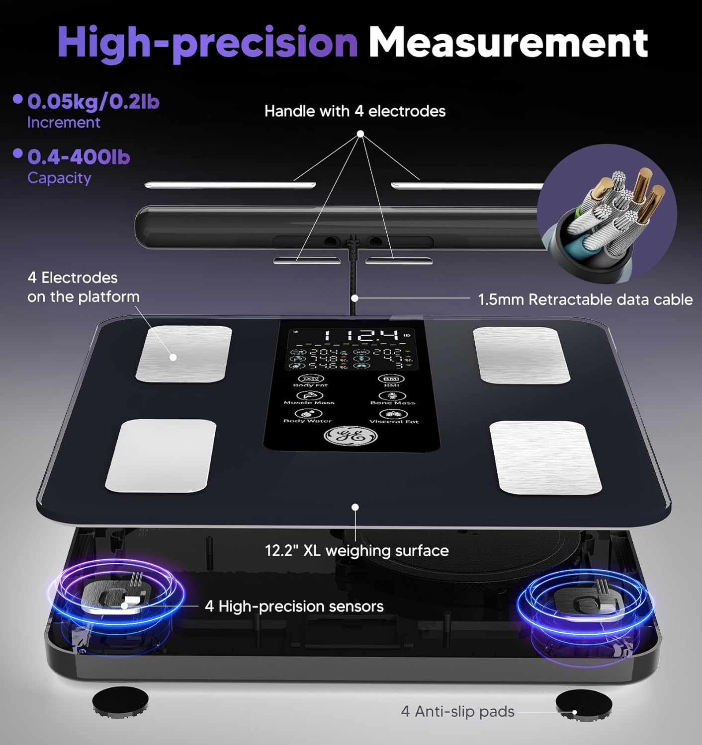 GE Smart Scale for Body Weight: 8-Electrode Digital Bathroom Scale for Weight Fat BMI Muscle Mass Full Body Composition Analyzer 50 Measurements Bluetooth Highly Accurate Weighing Machine 400lb Black - Image 5