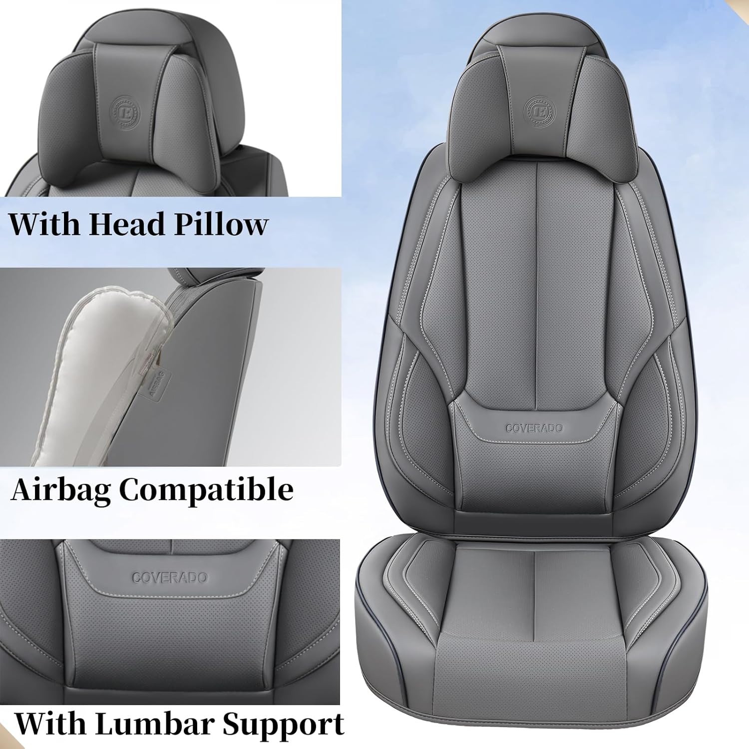 Coverado Universal Seat Covers Full Set, 5 Seats Universal Seat Covers for Cars, Waterproof Nappa Leather Car Seat Covers with Head Pillow, Auto Protectors Fit for Most Sedans SUV Pick-up Truck-Gray - Image 5