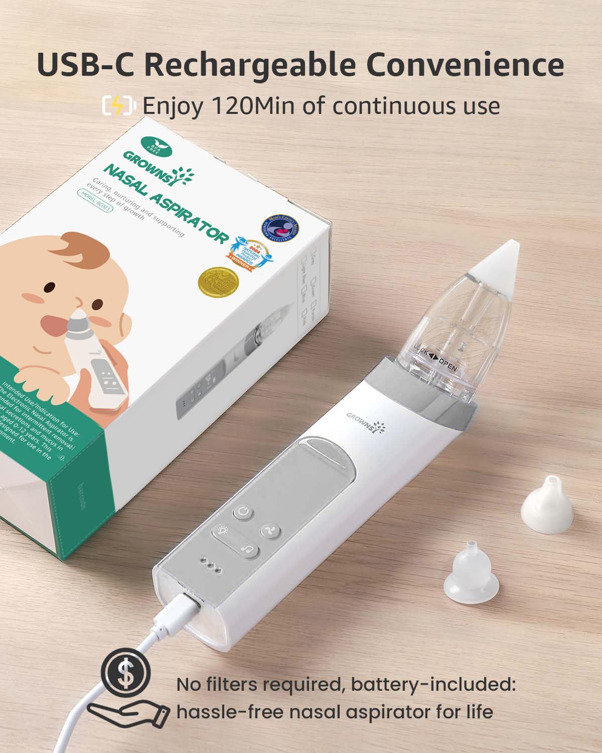 GROWNSY Nasal Aspirator for Baby, Electric Baby Nose Sucker with Larger Suction Chamber and More Powerful Suction, Automatic Nose Cleaner with Music and Light Soothing Function - Image 6