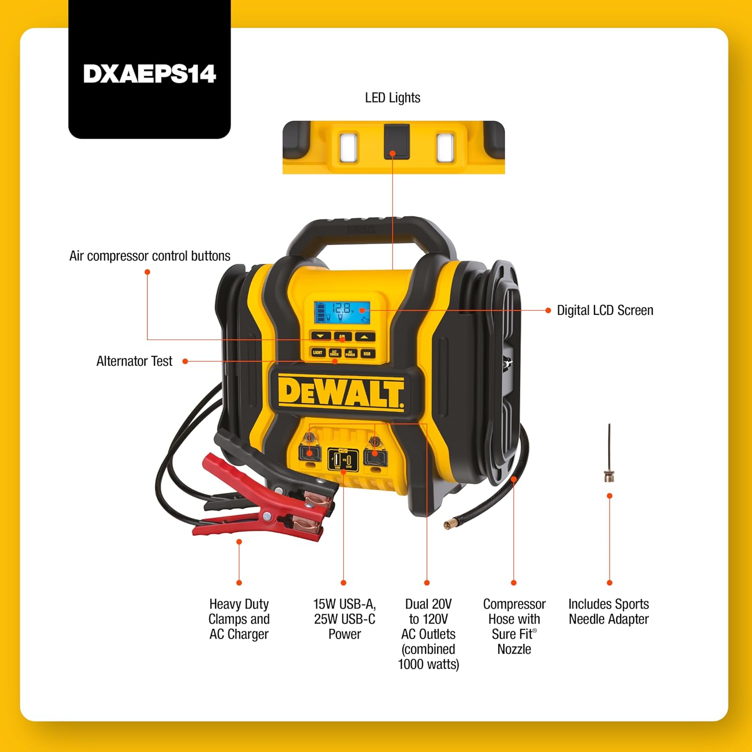 DEWALT DXAEPS14 2000 Peak Battery Amp 12V Automotive Battery Booster Jump Starter/Power Station with 120 PSI Compressor, 500W AC Power Inverter, and 15W USBa & 25W USB Ports - Image 2