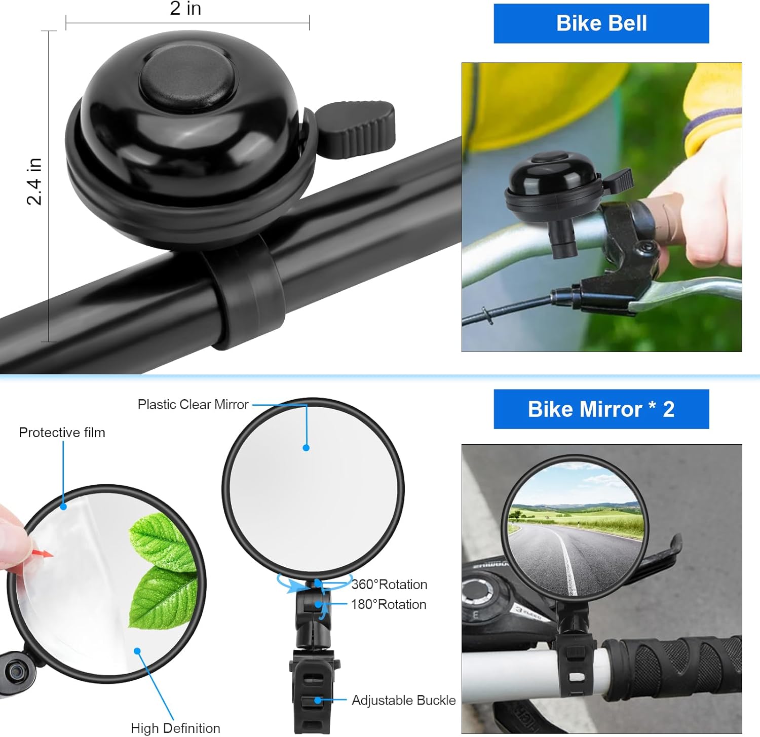8 Pack Bicycle Accessories, Bike Light Set USB Rechargeable, 1 Bike Water Bottle Holder, Bicycle Bag and 1 Bike Aluminum Bicycle Bell,Pump - Image 6
