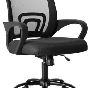 OLIXIS Office Desk Chair – Ergonomic Mid Back with Lumbar Support & Rocking Mode, Height Adjustable with Fixed Armrest, Storage Back for Computer, Gaming, Conference, Meeting, 360° Swivel, Black