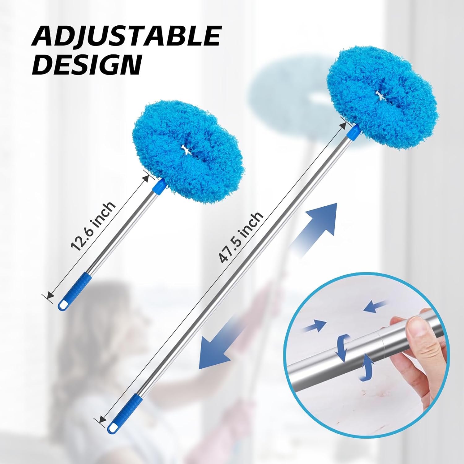 DRQ Ceiling Fan Cleaner Duster, Reusable Microfiber Duster with Extension Pole, 13 to 48 Inch Fan Blade Cleaner, Removable Dusters for Cleaning Walls Bookshelves Door Window Top (Blue) - Image 4