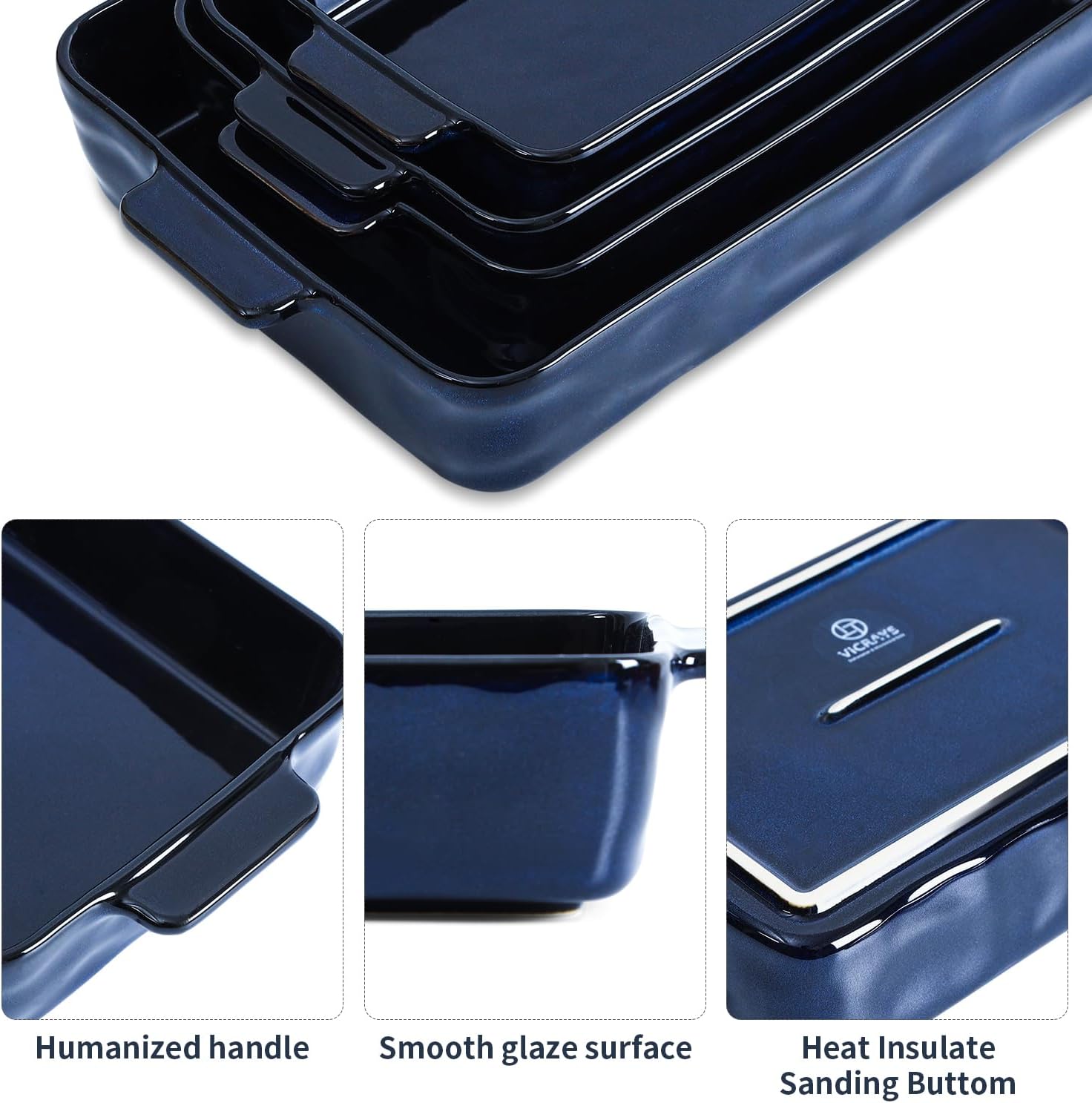 VICRAYS Ceramic Bakeware Set, Porcelain Rectangular Lasagna Pans Casserole Dish Set for Baking, Cooking, Kitchen, Cake Dinner, Banquet and Daily Use, 4 PCS, Blue(9.52"/11.06"/11.77"/14.56") - Image 3