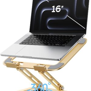 LOXP Adjustable Laptop Stand, Computer Stand with 360 Rotating Base, Ergonomic Laptop Riser Mount for Desk Foldable Protable Computer Desk Fits with MacBook Pro Air (10-16″) – Gold