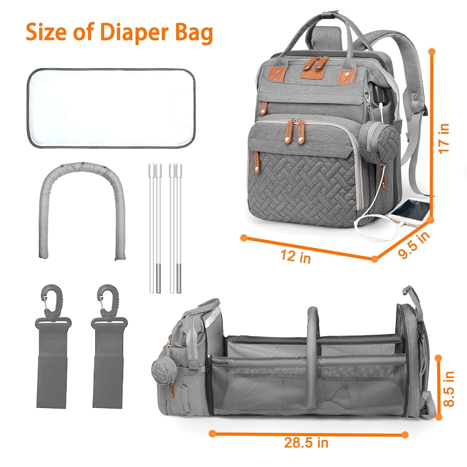 Astro alan Baby Diaper Bag with Changing Station, Waterproof Diaper Bag Backpack for Moms Dads with USB Charging Port, Baby Shower Gifts, Large Capacity diaper backpack, Grey - Image 6