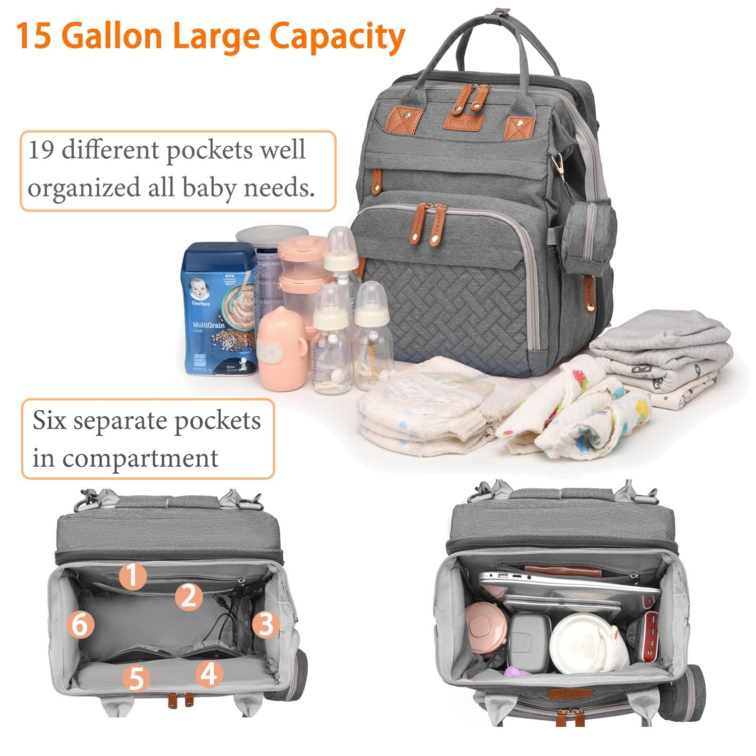 Astro alan Baby Diaper Bag with Changing Station, Waterproof Diaper Bag Backpack for Moms Dads with USB Charging Port, Baby Shower Gifts, Large Capacity diaper backpack, Grey - Image 3