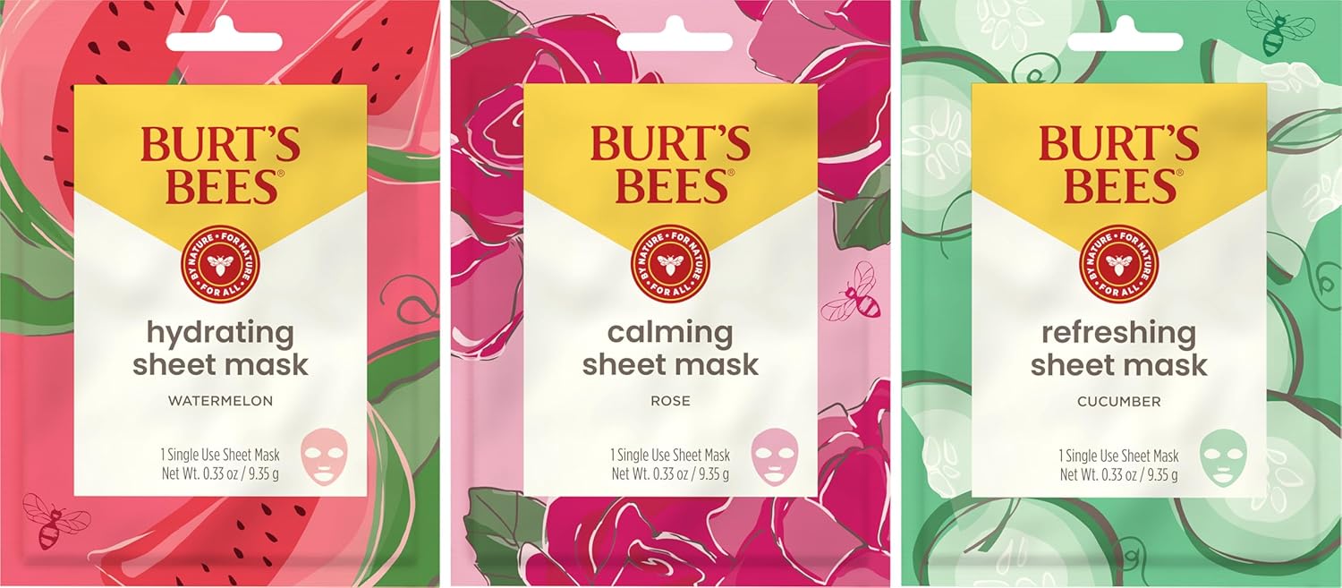 Burt's Bees Mothers Day Gifts, Face Mask Bundle Set, Hydrating Watermelon, Calming Rose, & Refreshing Cucumber, Face Sheet Masks for Single Use Skin Care, 99% Natural Origin, 3 Count, 0.33oz Each - Image 2