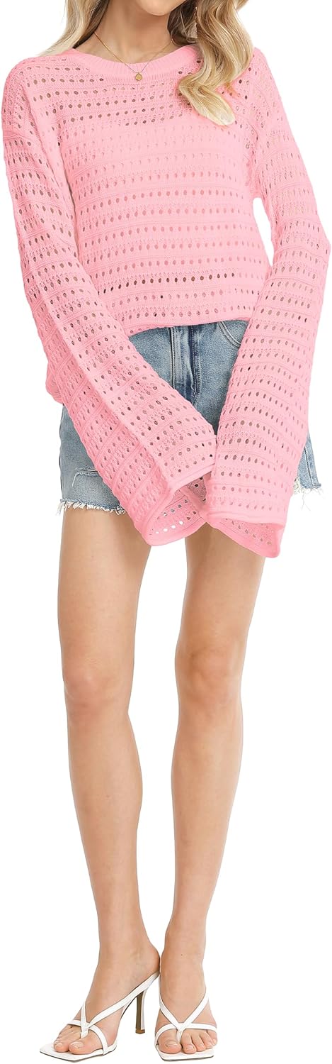 QUALFORT Womens Crochet Sweaters Long Sleeve Lightweight Hollow Out Knit Casual Soft Pullover Spring Summer Tops - Image 5