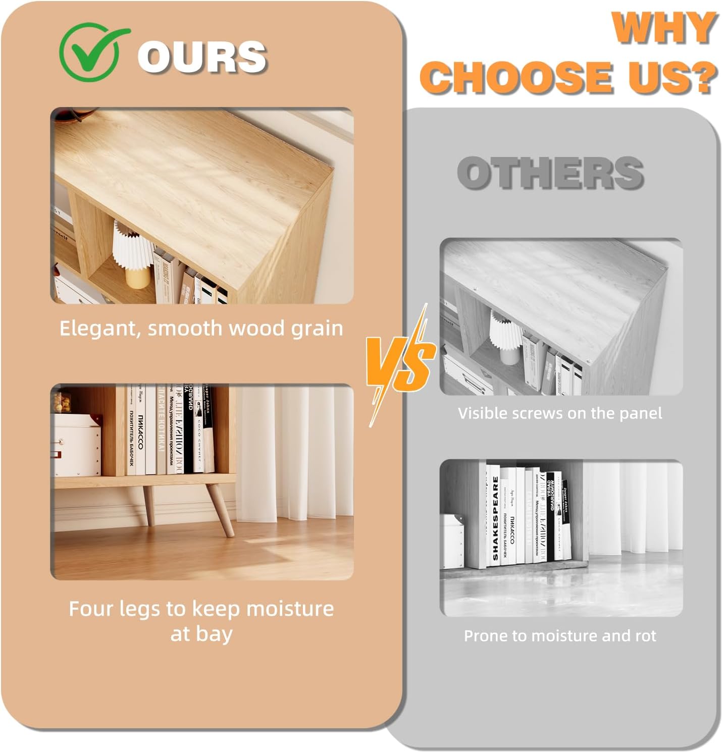 7-Cube Storage Organizer with Natural Wood Legs, Mid-Century Modern Bookcase and Display Cabinet, Freestanding Toy Storage Bookshelf for Living Room, Kids Room and Bedroom, Natural - Image 9